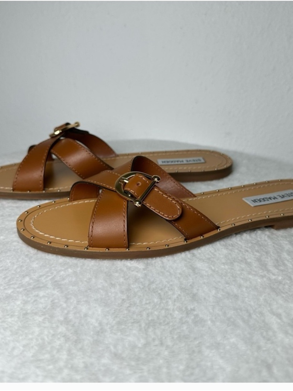 Steve Madden Brown/Tan Leather Buckle Slide Sandals